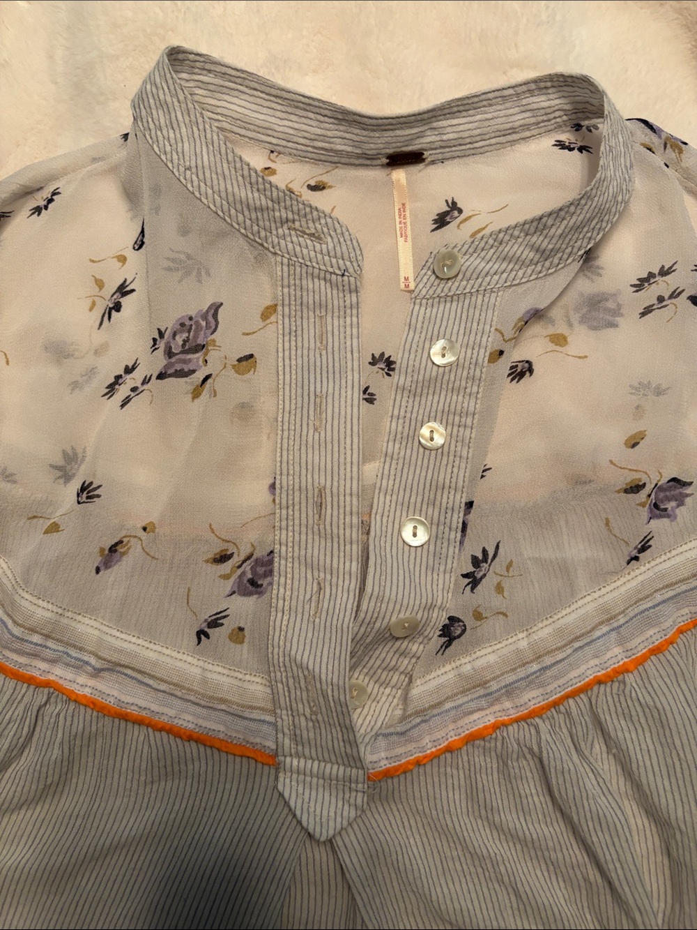 Free People Light Blue Striped Floral Peasant Top with Orange Trim